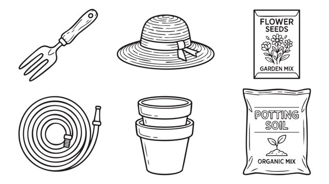 gardening tools and supplies layout with flower seeds, potting soil