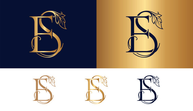 Sophisticated ES monogram logo with leaf and circle details on navy and gold.