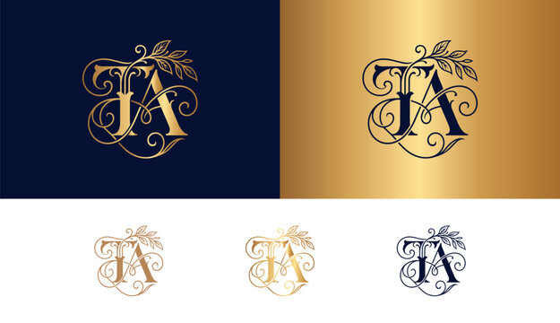 Elegant golden TA monogram with leaves and flourishes on navy background for branding.