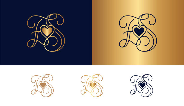 Beautiful fs monogram logo with heart accent in gold on dark blue.