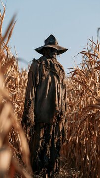 a scarecrow standing in a field of tall, dried corn stalks. The scarecrow wears a widebrimmed hat and a textured, wornout shirt with frayed edges.