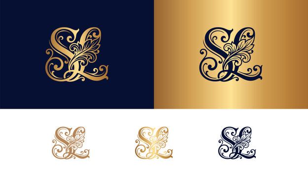 Elegant SL monogram with ornate floral elements in gold and dark blue.