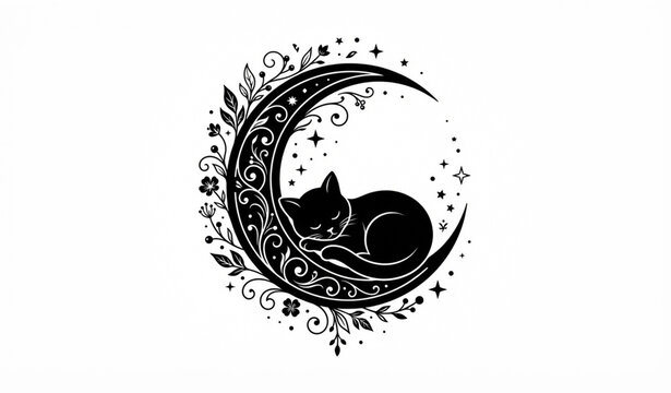 Elegant sleeping cat crescent moon silhouette with leaves and stars celestial vector design
