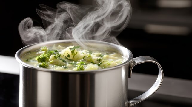 Steaming Pot of Broccoli Soup: A close-up shot captures a steaming pot filled with a delicious, vibrant broccoli soup, emanating warmth and comfort.