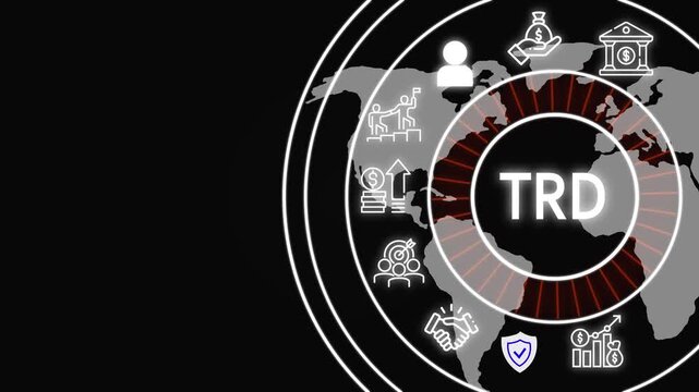 TRD acronym concept with business icons and Global Business Finance and International Investment Network with World Map and Digital Icons