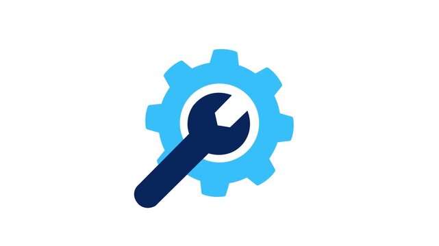 Animated Spinning Cogwheel and Wrench Tool Icon for Mechanical Repair and Maintenance