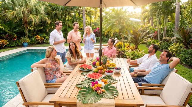 Friends enjoying a tropical poolside gathering with fresh fruit and drinks