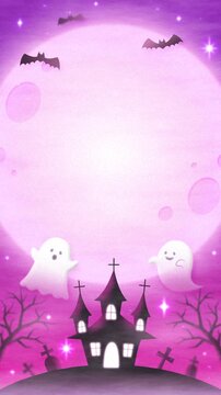 cute pastel halloween night background with ghosts, pink moon, haunted house and bats in the fog animation