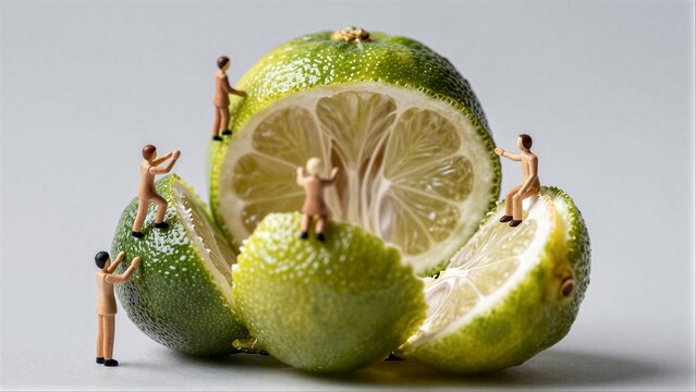 Mini figures explore a sliced citrus, revealing its juicy interior.