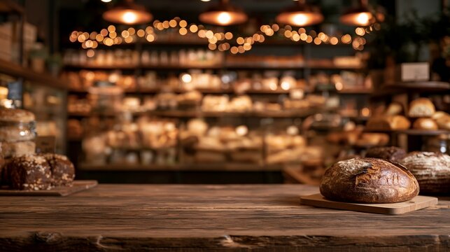 a bakery interior. A rustic wooden table displays a freshly baked loaf of bread on a wooden cutting board. The bread has a goldenbrown crust and a soft, fluffy interior. To the left of the table.
