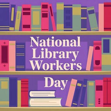 National library workers day celebration with colorful books arranged on wooden shelves in a library setting