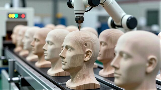 Robot arm drills wooden mannequin heads on an assembly line.