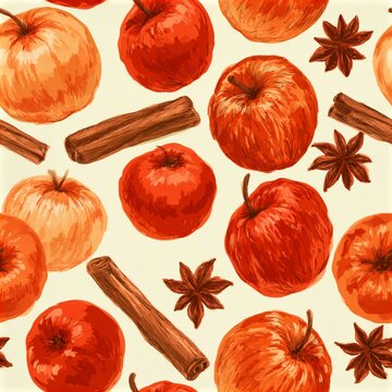 a seamless pattern features red apples, cinnamon sticks, and star anise. The apples are depicted in a realistic style, with detailed shading and texture.