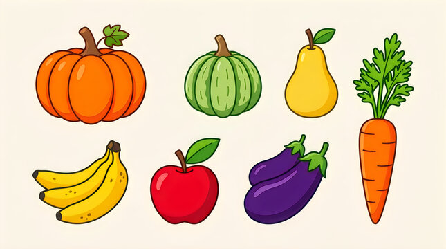 Colorful hand drawn illustration of fresh fruits and vegetables on a light background