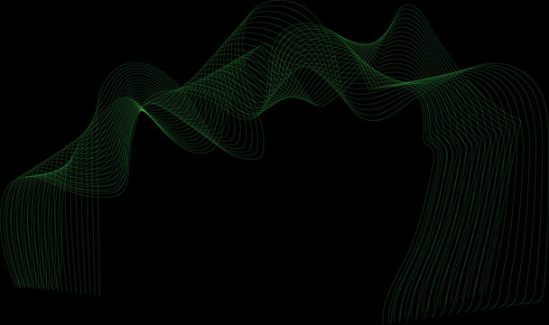 Green digital wave lines forming mountain peak silhouette on black background for environmental technology and sustainable growth concepts with organic flowing linear geometry