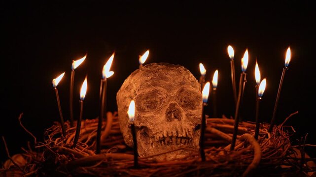 Human skull and black magic candles spirituality concept. Mystic and occult energy chemistry and witchcraft ritual background. Textured clay skull witchery for Halloween.