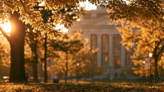 a warm, golden hue over the scene. The main subject is a large, classicalstyle building with columns and a pediment, surrounded by trees with vibrant yellow leaves. Fallen leaves cover the ground.