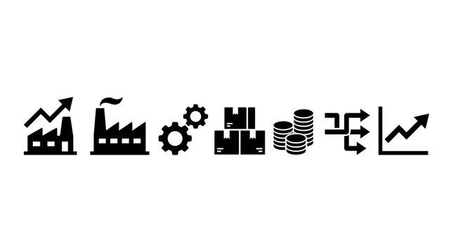 Set of industrial and business icons depicting manufacturing logistics and financial growth.