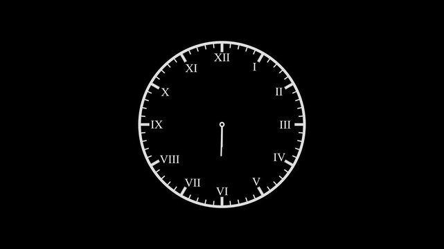 Clock spinning, watch animation on black background with alpha channel. 12 hours clock dial , twenty-four hours time lapse animation. Analog clock spinning animation.