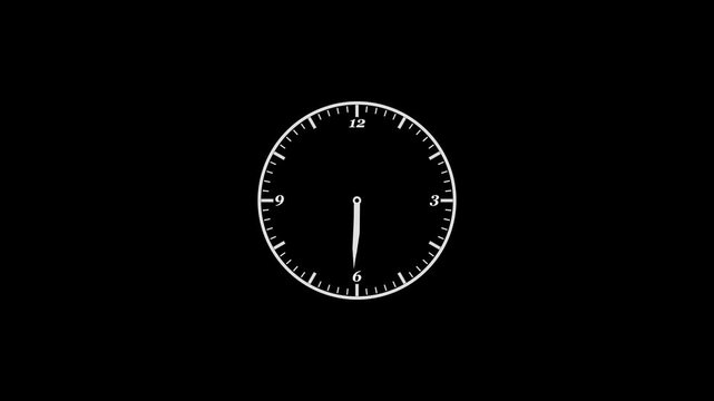 Clock spinning, watch animation on black background with alpha channel. 12 hours clock dial , twenty-four hours time lapse animation. Analog clock spinning animation.