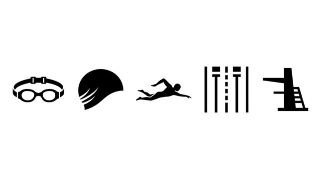 Set of black swimming icons including goggles cap swimmer pool lanes and diving board.
