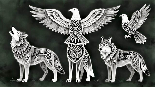 Sacred wolves and birds with intricate patterns around a central totem pole.