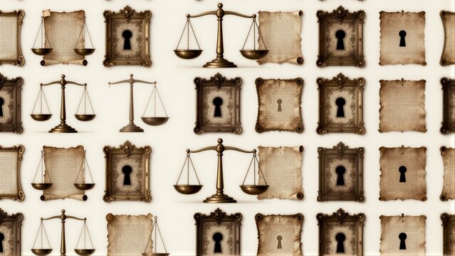 Scales of justice amidst framed documents and lockers, symbolizing law's secrets.