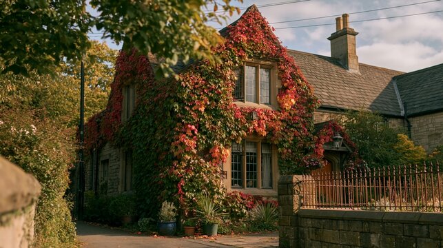 a stone house with a steeply pitched roof covered in vibrant red and green ivy. The house has multiple windows and a wooden door, and a chimney protrudes from the roof. The ivy is densely packed.