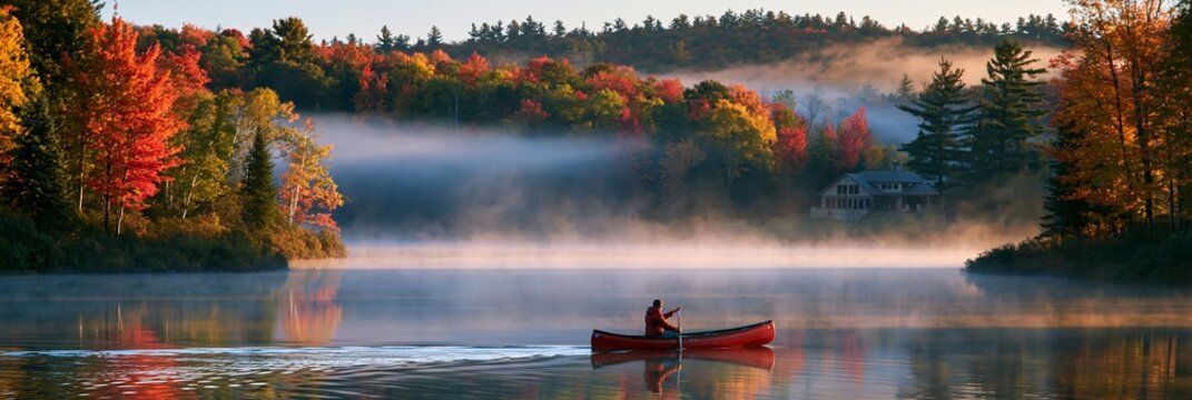 a serene lakeside scene during autumn. The main subject is a solitary figure in a red canoe, paddling gently across the calm water. The canoes reflection mirrors the surrounding trees.