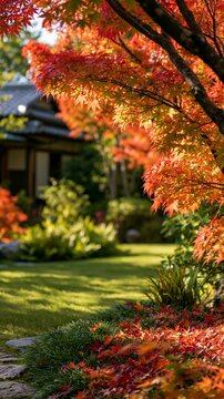 a serene garden scene during autumn. The main subject is a tree with vibrant red and orange leaves, illuminated by sunlight filtering through the leaves, creating a warm glow.