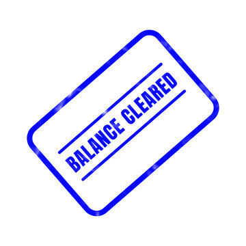 A bright blue rubber stamp graphic featuring the text balance cleared oriented at a diagonal angle isolated against a clean white background surface