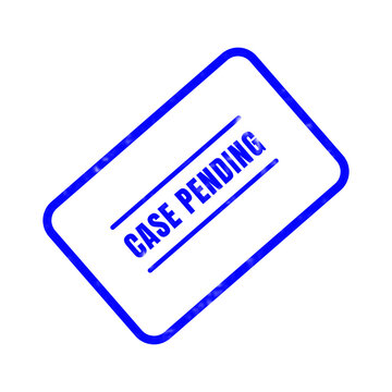 A bright blue rubber ink stamp featuring the bold text case pending oriented at a diagonal angle on a clean white background surface