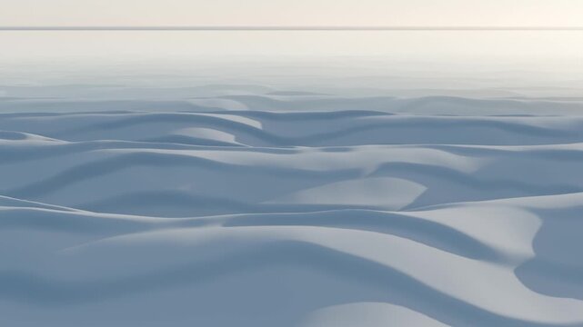 Aerial view over a smooth snow field with soft drifts and pale blue shadows under a low sun