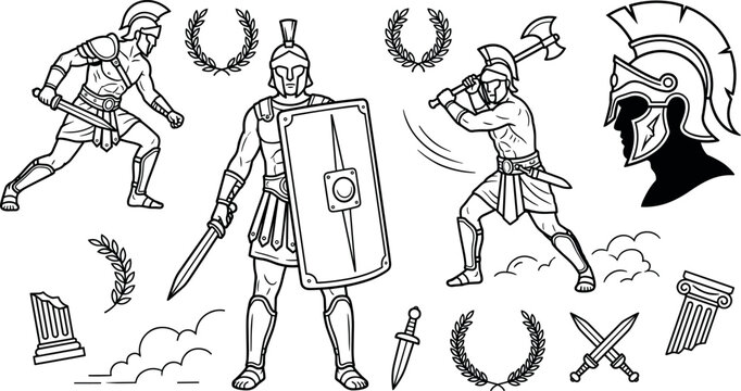 Ancient Roman gladiator and Spartan warrior vector elements set with helmets swords shield axes laurel wreath and columns