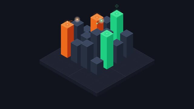 Isometric 3d bar chart data analytics growth visualization with glowing nodes