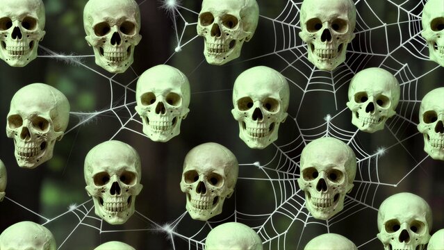 Skulls and spiderwebs create eerie, repeating Halloween pattern with ghostly green tint.