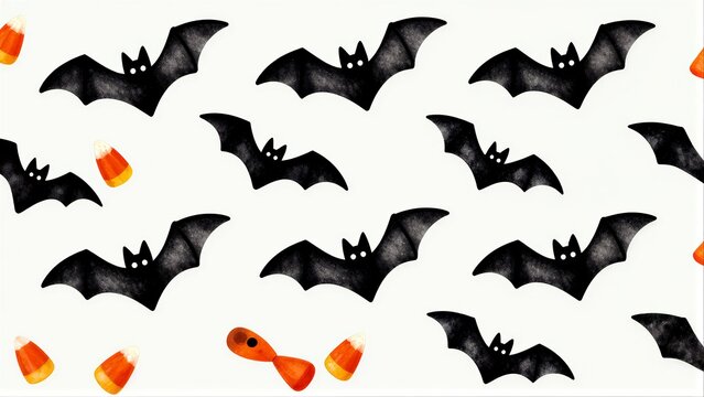 Black bats and candy corn scattered on a white background for Halloween fun.