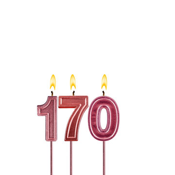 Lit birthday candle - Candle number 170 on white background