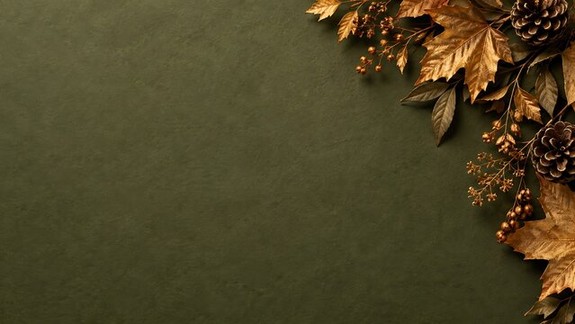 Elegant dark green texture background decorated with golden dry autumn leaves