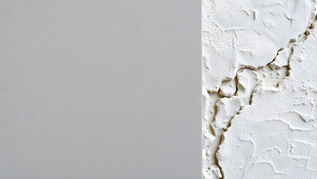Split screen background with smooth grey surface and textured white cracked wall