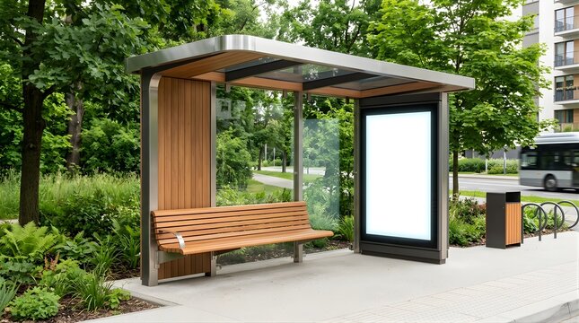 Modern bus stop shelter with wooden bench and blank advertisement panel on city street