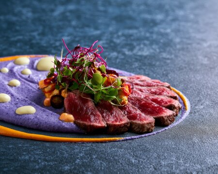 Wagyu beef tataki with purple potato espuma and rocoto chili emulsion, contemporary Latin American fine dining plating, artistic gourmet presentation, copy space.