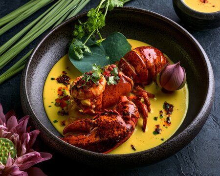 Vietnamese butter roasted lobster with lemongrass bisque and edible lotus petals, artistic luxury fine dining plating, natural ingredient texture, copy space.