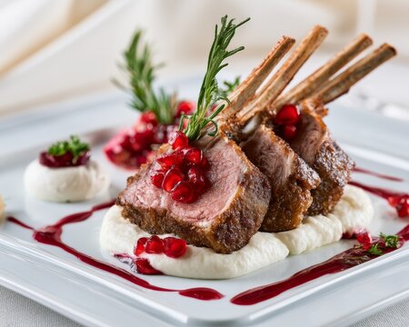 Grilled Turkish lamb rack with smoked yogurt espuma and pomegranate reduction, contemporary luxury fine dining plating, crisp natural details, copy space.