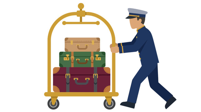 Bellhop pushing luggage cart with suitcases, hotel porter service, travel concept.