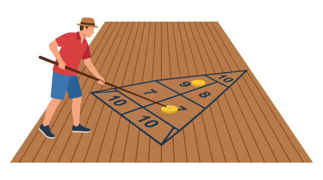 Man playing shuffleboard on wooden deck, summer recreation and leisure activity.