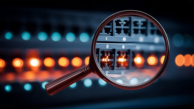A magnifying glass examining network switch ports representing infrastructure inspection and cybersecurity monitoring.
