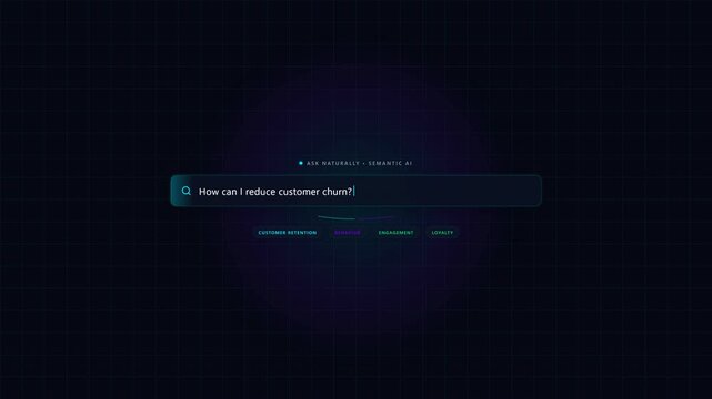 Minimalist digital search bar with glowing blue text input on a dark grid interface representing advanced artificial intelligence semantic analysis
