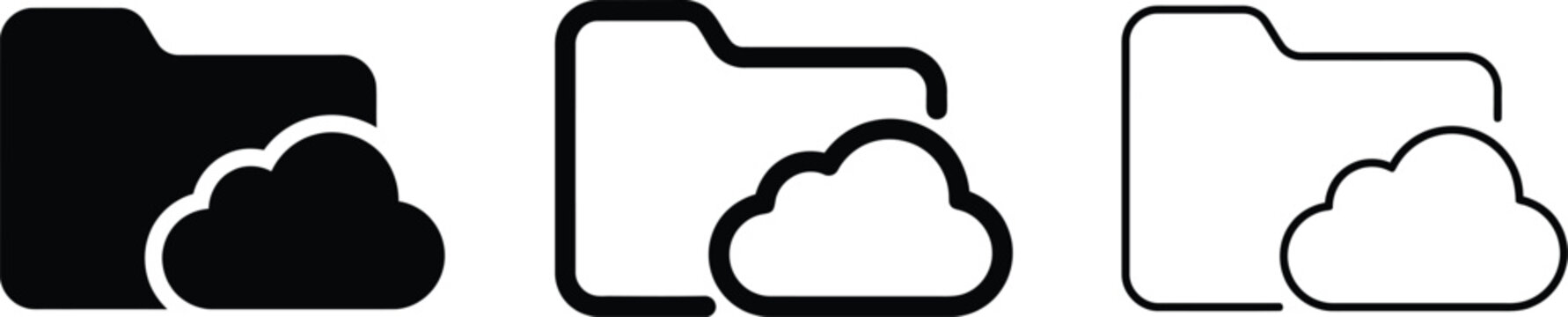 Cloud storage folder icon set in three distinct graphic styles with cloud computing data storage file management network drive digital folder