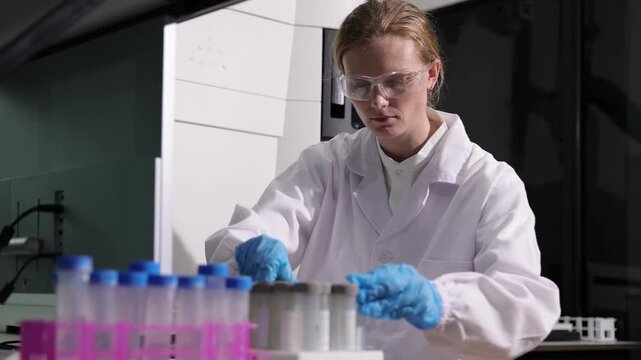 Female scientist researcher working in laboratory with test tubes. Scientist analyzing samples in a laboratory. A researcher wearing a lab coat and safety goggles is conducting an experiment.